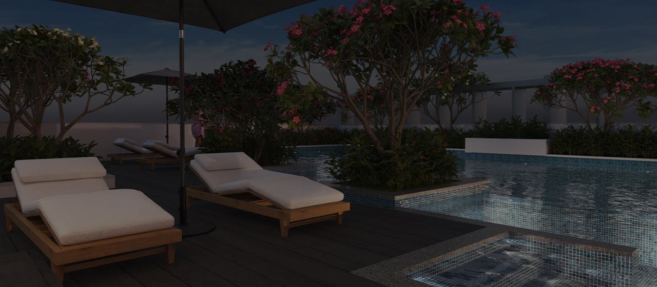 Rooftop pool deck with loungers