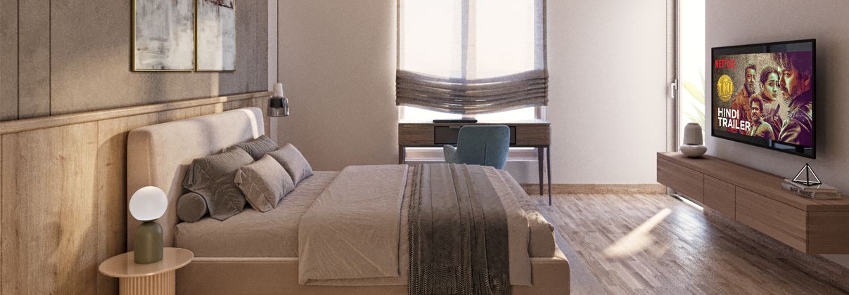Master bedroom with wooden flooring and a large window