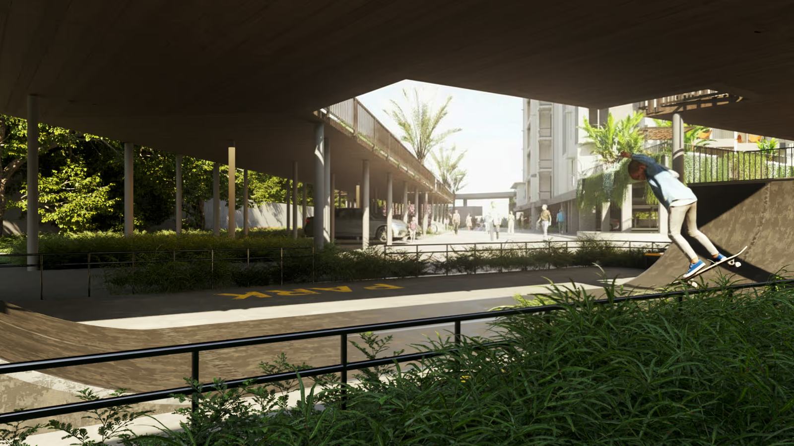 Skating rink with ramps beneath the elevated walkway