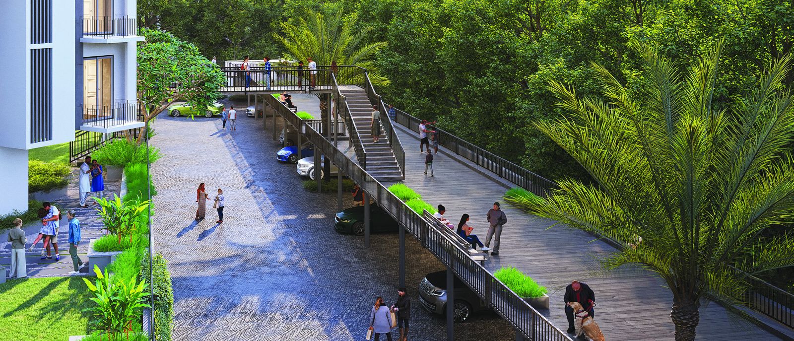 Landscaped elevated walkway above the driveway, lined with palms and greenery